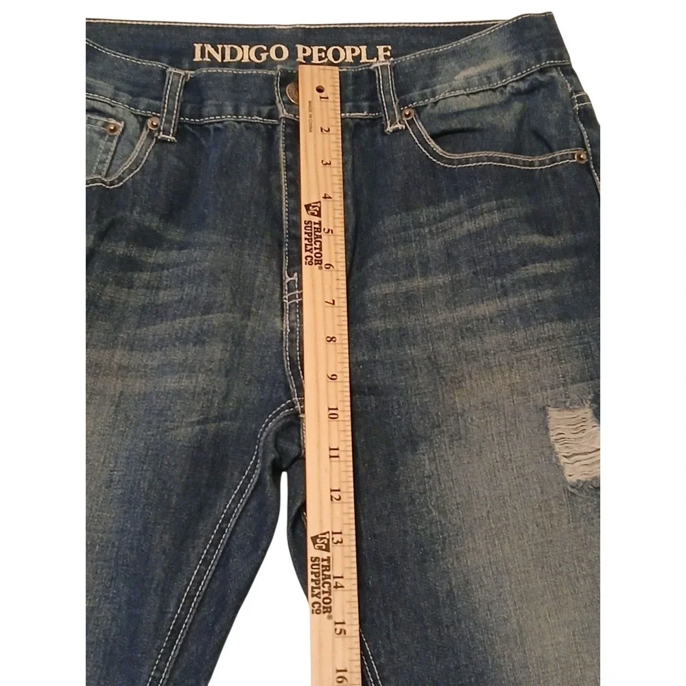 Indigo People Men's Jeans 32x30 Blue Distressed Straight Leg Denim Pants Embroid